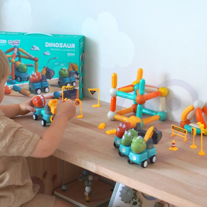 Zestaw konstrukcyjny 3D z dinozaurami i autkami