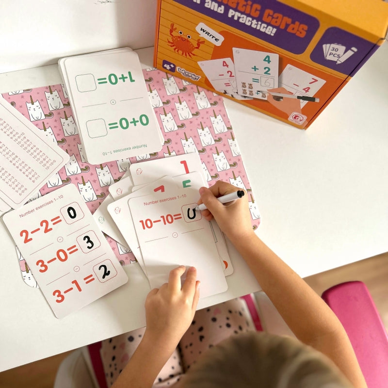 Karty z obrazkami i działaniami matematycznymi dla dzieci