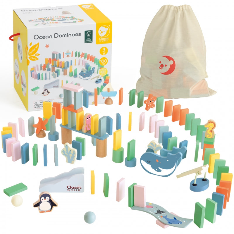 1-CLASSIC WORLD Drewniane Domino Tor Logiczny Przeszkód Układanka Montessori 100 el.-1