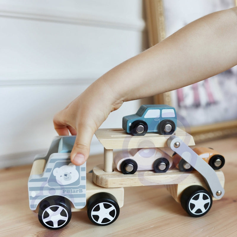 VIGA PolarB Drewniana laweta z samochodzikami Montessori - zabawki-dla-dziewczynki