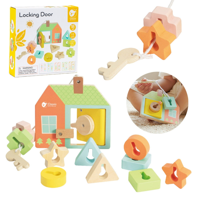 CLASSIC WORLD Drewniana Przeplatanka Klocki do Nawlekania Klucze i Drzwi MONTESSORI 11 el. - zabawki-dla-dziewczynki