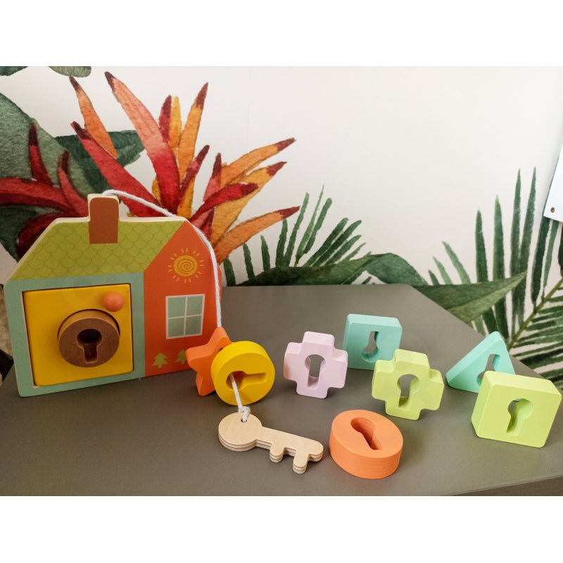 CLASSIC WORLD Drewniana Przeplatanka Klocki do Nawlekania Klucze i Drzwi MONTESSORI 11 el. - zabawki-dla-dziewczynki