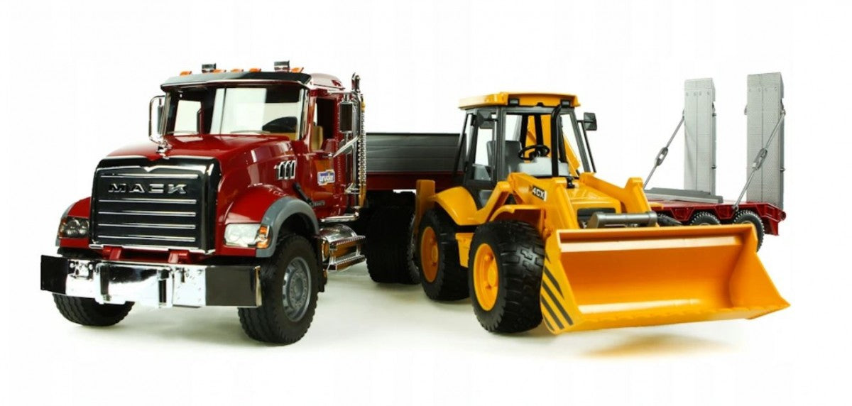 Pojazd MACK z naczepą i koparko-ładowarka JCB - zabawki-dla-dziewczynki