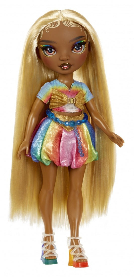 Lalka Rainbow High Hair Chalk & Style Meline z tęczowymi włosami i akcesoriami do stylizacji.
