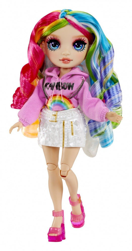 Lalka Rainbow High Creative Crystals Amaya Raine z tęczowymi włosami i akcesoriami do tworzenia kryształowych dodatków.